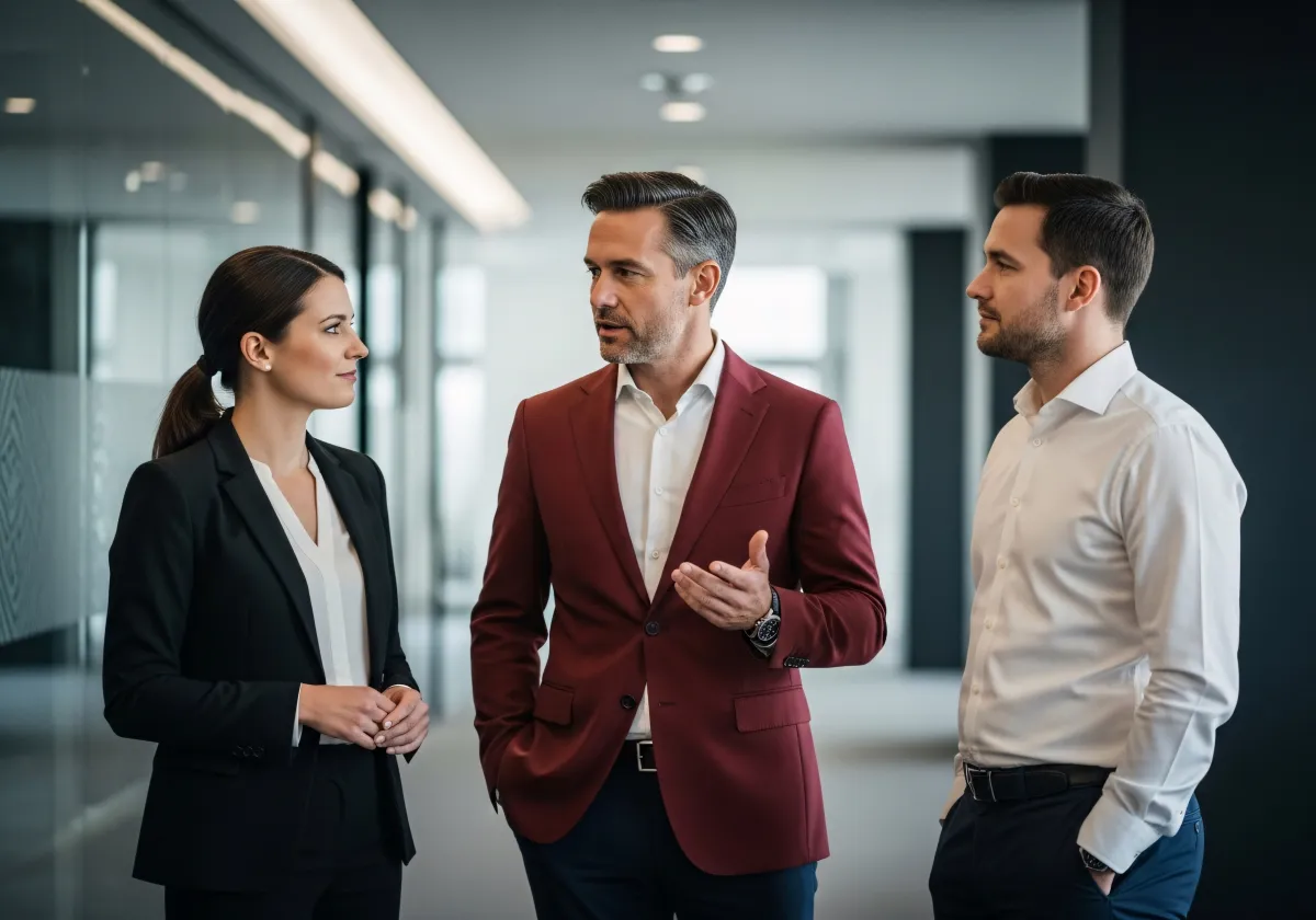 Cliente conversando con asesor en ambiente profesional